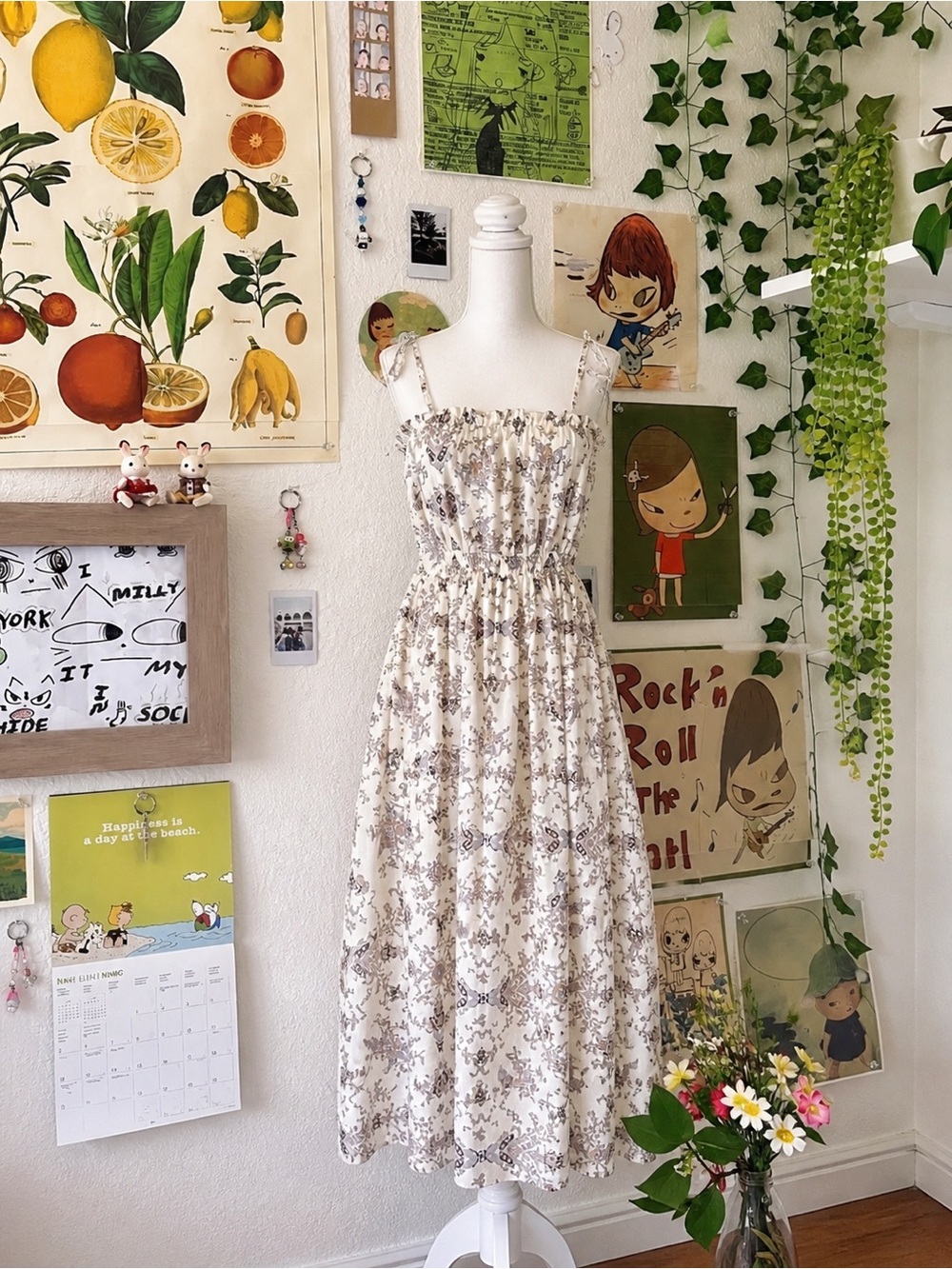 Floral Cream Midi Sundress with Smocked Bodice